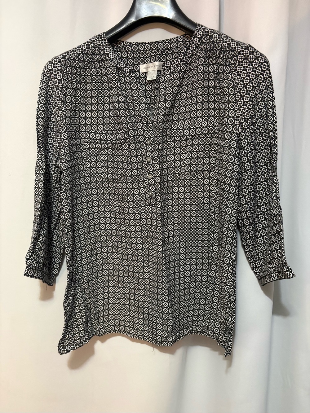 Christopher & Banks Black and White Geometric V-Neck Blouse